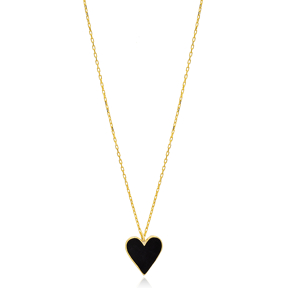 Elegant Heart Shape Black Enamel Charm Pendant Turkish Handcrafted Wholesale 925 Sterling Jewelry