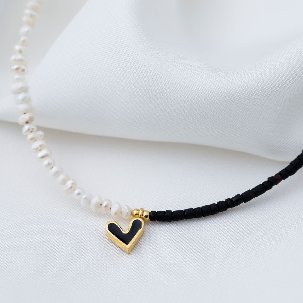Black Enamel Heart Shape Pearl with Afghan Beaded Necklace Turkish 925 Sterling Silver Jewelry