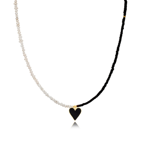 Minimalist Black Enamel Heart Shape Pearl with Afghan Beaded Necklace Turkish 925 Silver Jewelry