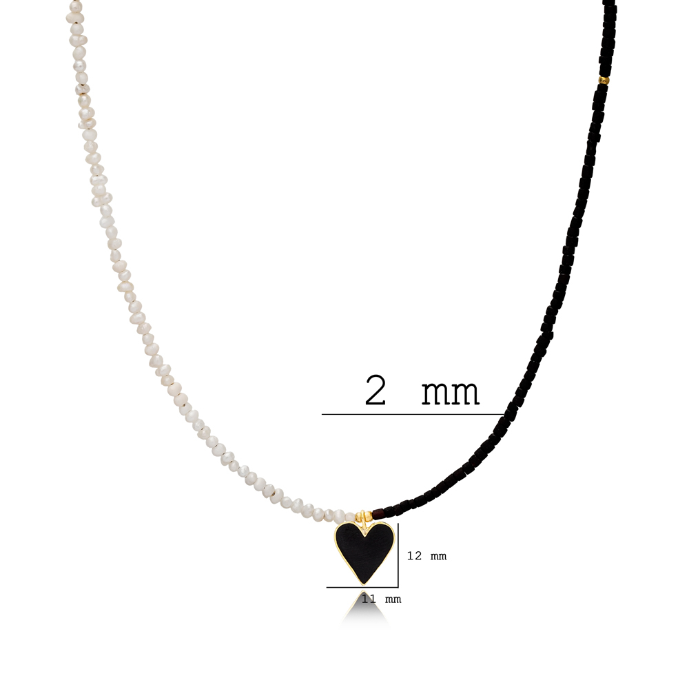Minimalist Black Enamel Heart Shape Pearl with Afghan Beaded Necklace Turkish 925 Silver Jewelry