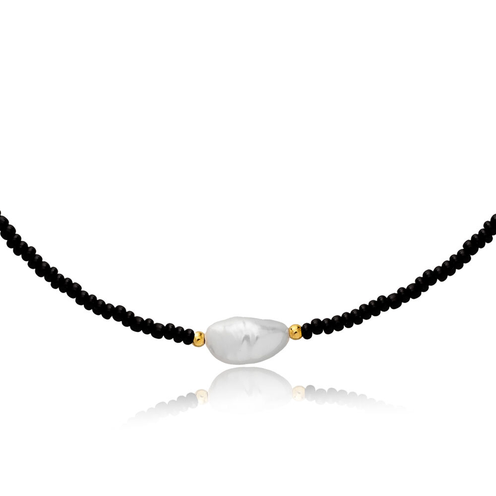 Black Beaded with Pearl Design Turkish Handcrafted Necklace 925 Sterling Silver Jewelry