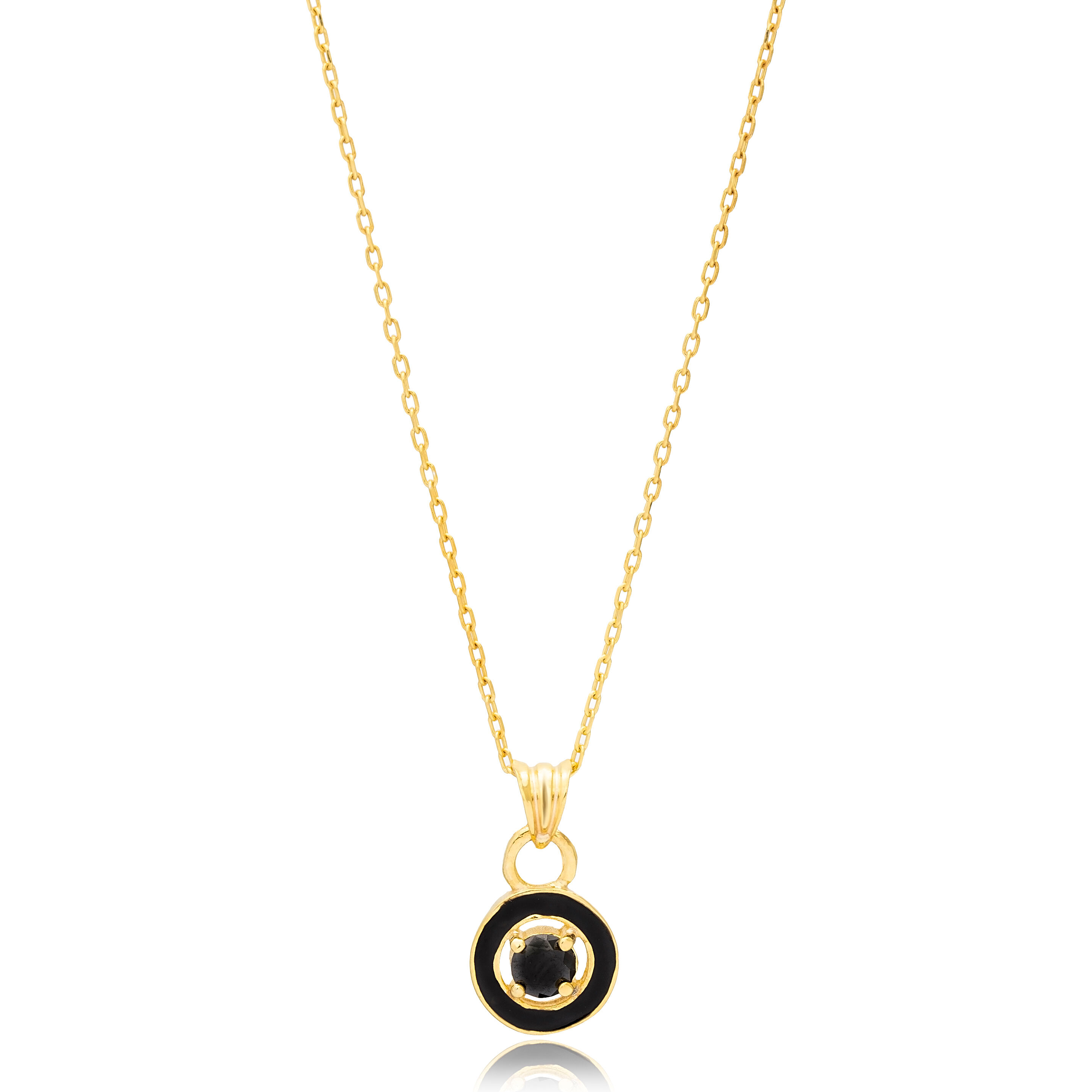 Round Design Black Enamel Black Stone Charm Pendant Necklace 925 Sterling Silver Jewelry