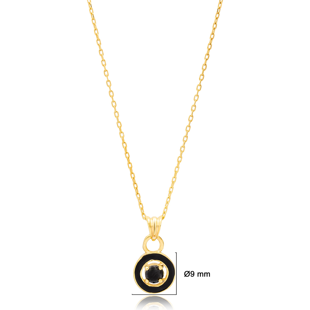 Round Design Black Enamel Black Stone Charm Pendant Necklace 925 Sterling Silver Jewelry