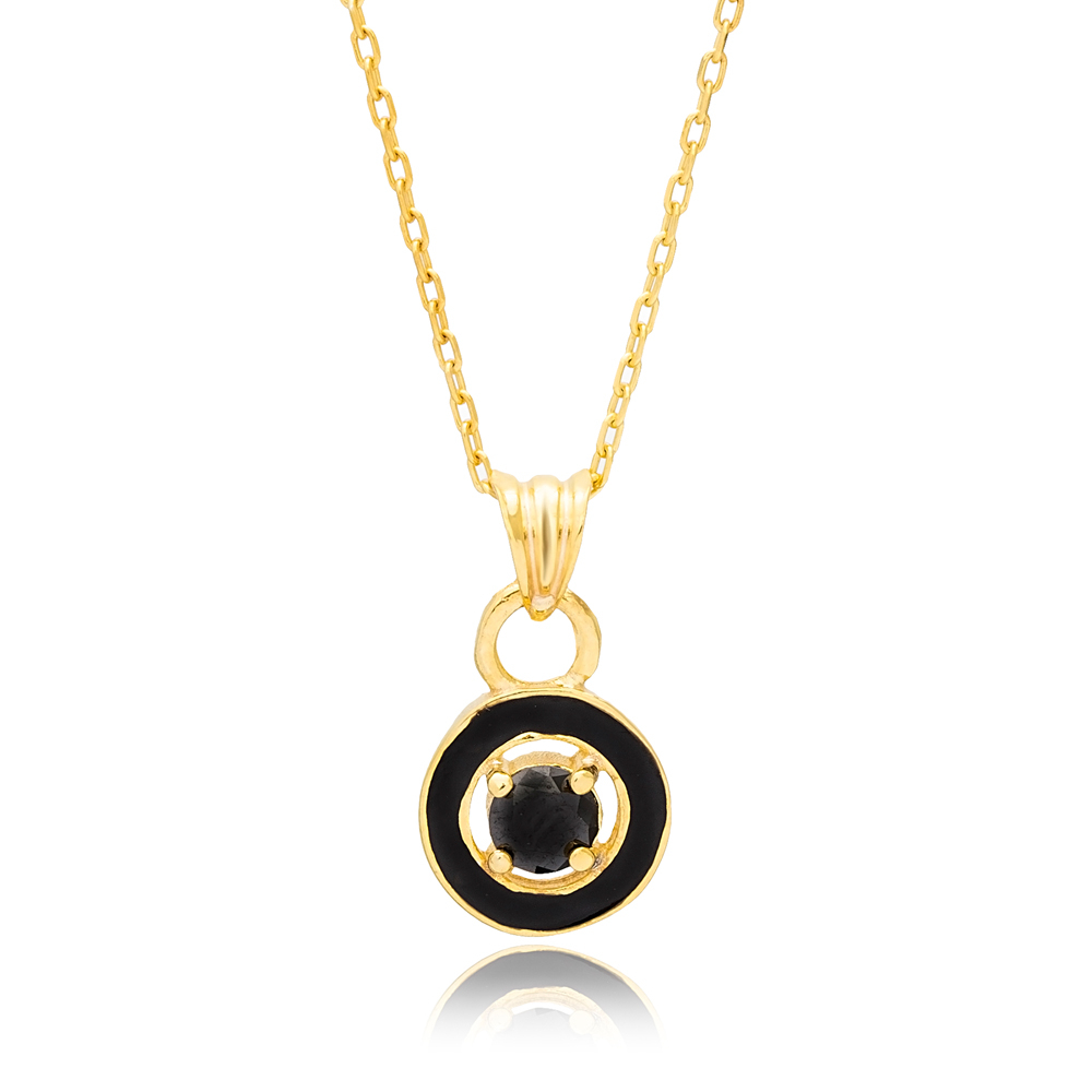 Round Design Black Enamel Black Stone Charm Pendant Necklace 925 Sterling Silver Jewelry