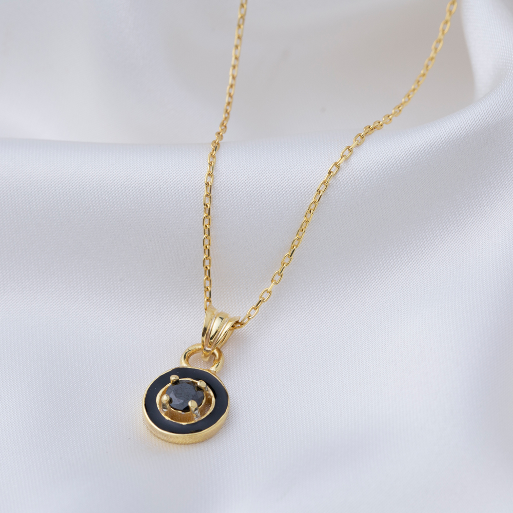 Round Design Black Enamel Black Stone Charm Pendant Necklace 925 Sterling Silver Jewelry