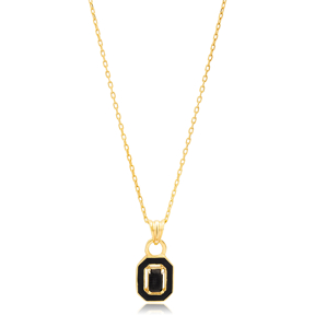 Rectangle Design Black Enamel Black Stone Charm Pendant Necklace 925 Sterling Silver Jewelry