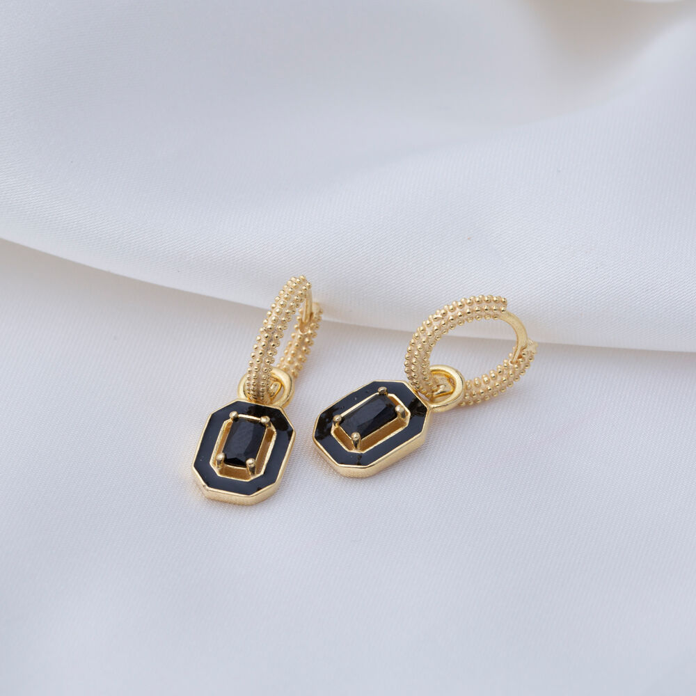 Rectangle Design Black Enamel Black Stone Dangle Hoop Earring 925 Sterling Silver Jewelry