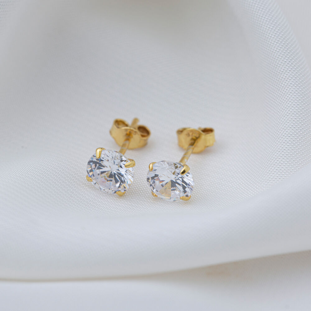 New Design Ø6 mm Shiny Zircon Stone Stud Earrings Turkish Handcrafted 925 Sterling Silver Jewelry