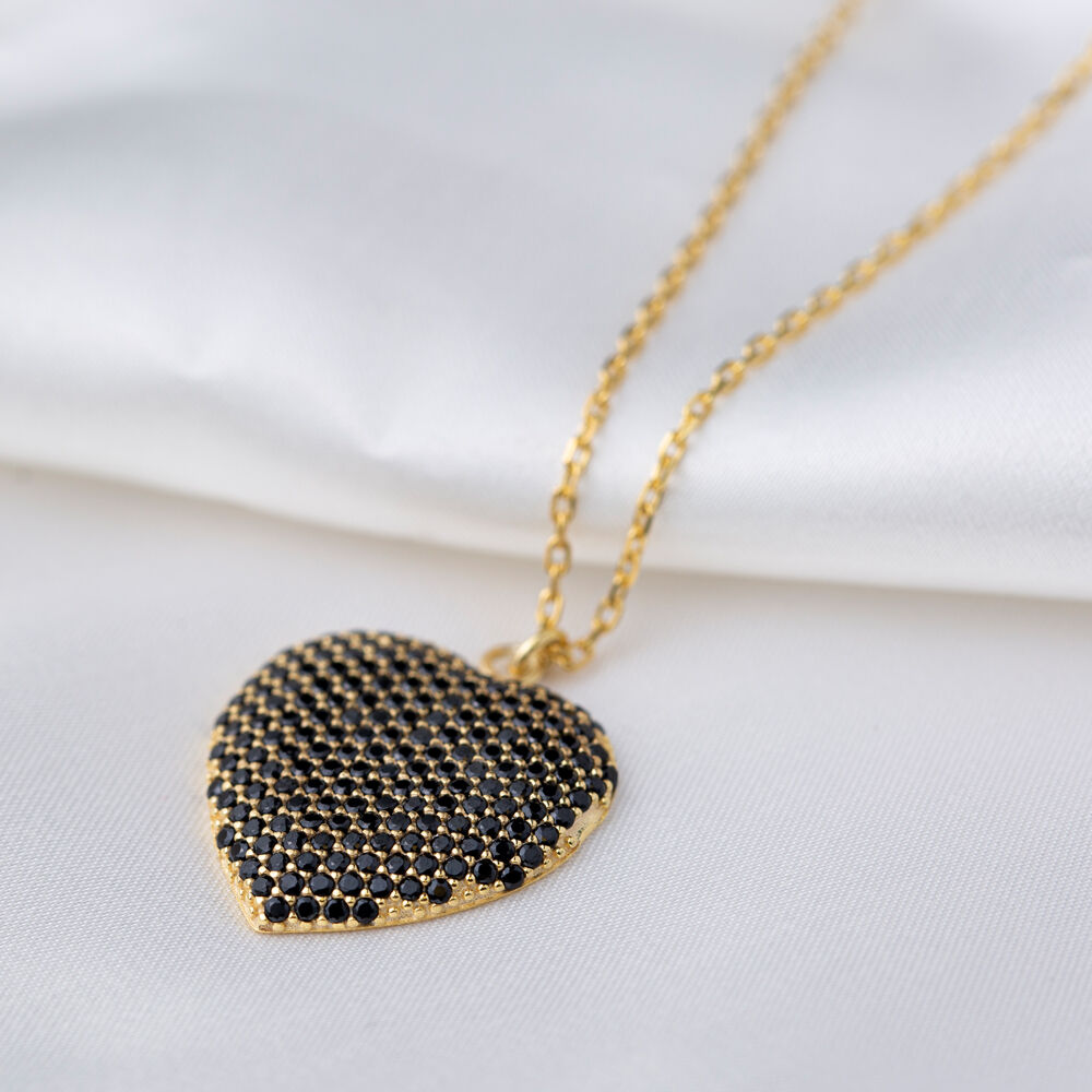 Heart Design Black Zircon Stone Charm Pendant Turkish Handcrafted 925 Sterling Silver Woman Jewelry