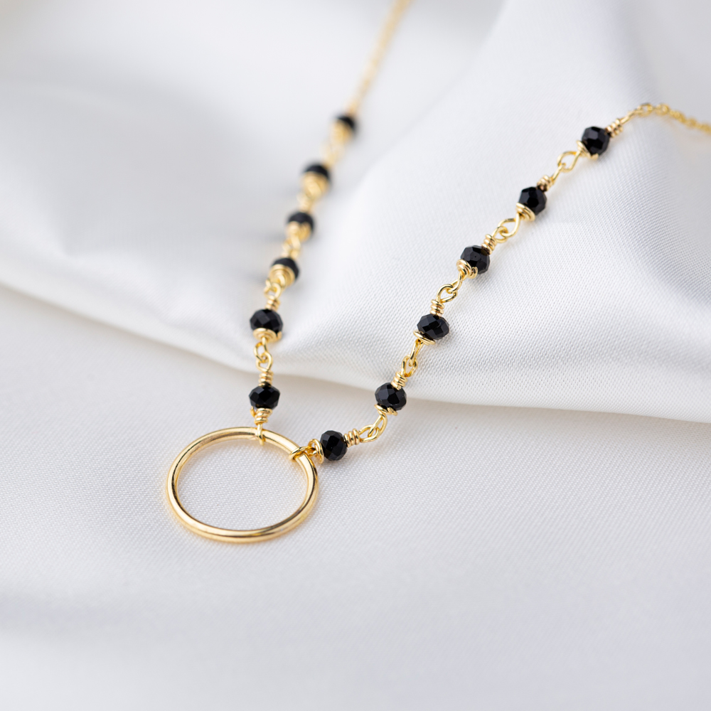 Hollow Charm Design Black Beaded Chain Turkish Handmade Necklace 925 Sterling Silver Jewelry