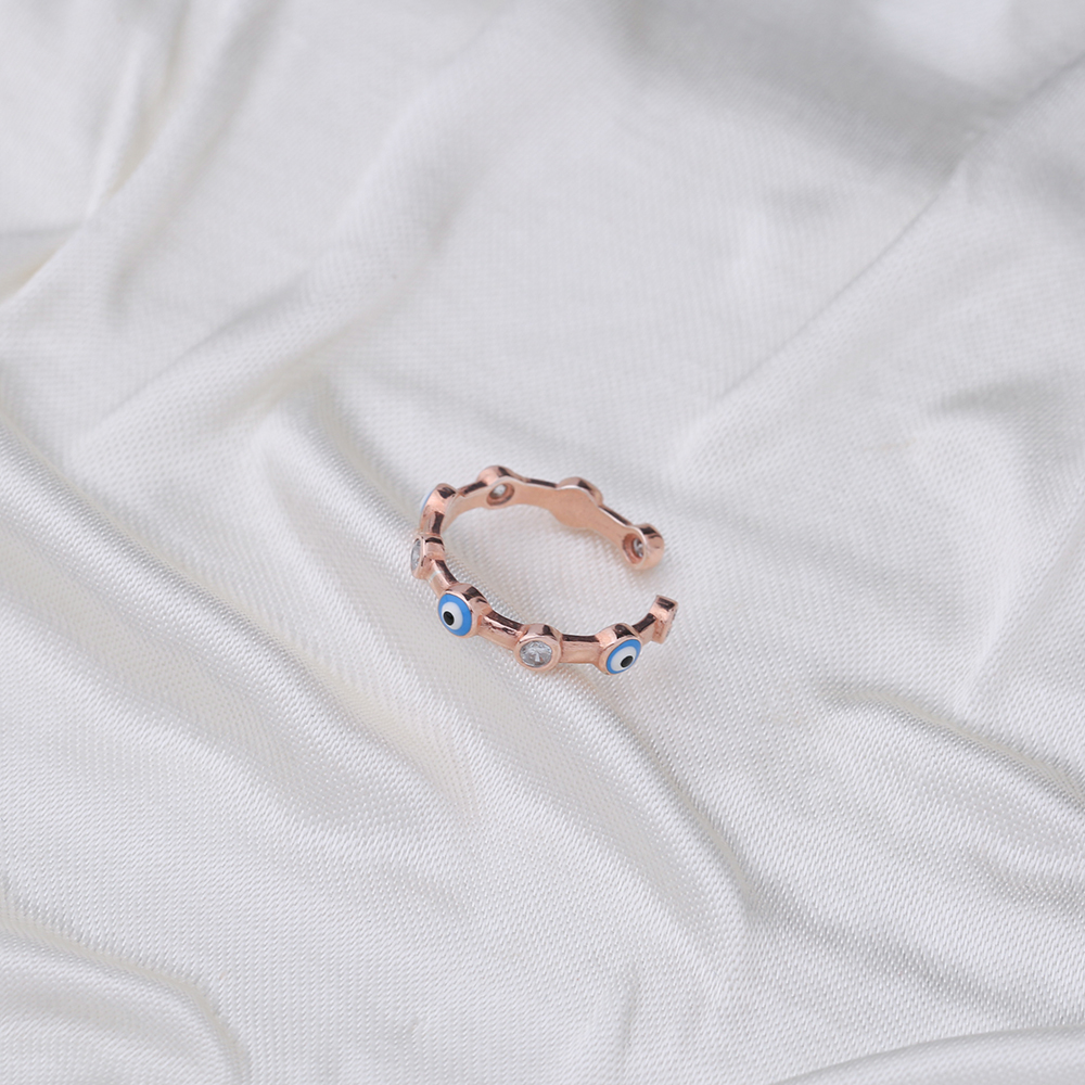 Evil Eye Enamel Zircon Stone Adjustable Ring Turkish Handmade Wholesale 925 Sterling Silver Jewelry