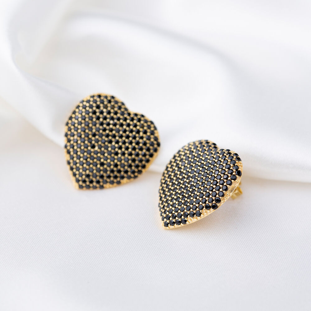 Black Zircon Stone Heart Shape Dainty Shiny Zircon Stud Earrings 925 Sterling Silver Wholesale Jewelry