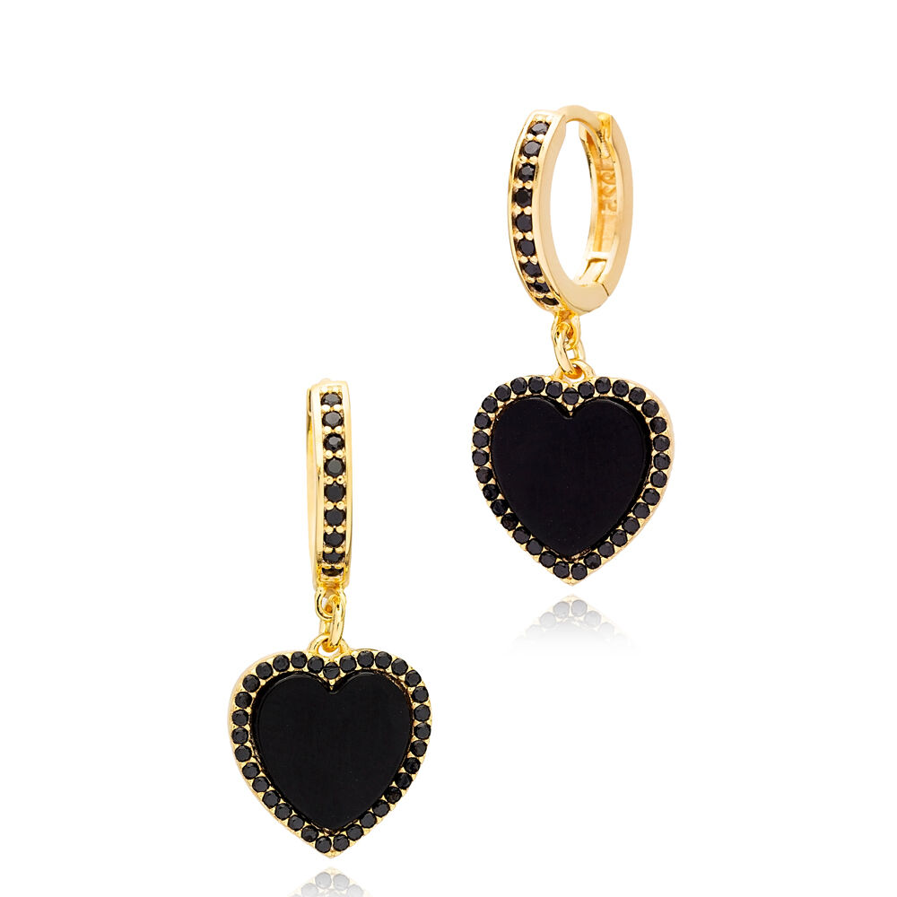 Mother Of Pearl Heart Design Black Zircon Stone Dangle Earrings Turkish Wholesale 925 Silver Jewelry