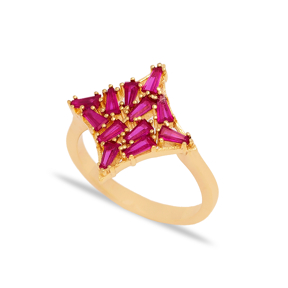 Ruby Baguette Stone Geometric Shape Women Ring Turkish Wholesale Handcrafted 925 Silver Jewelry