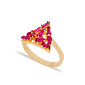 Ruby Baguette Stone Triangle Shape Women Ring Turkish Wholesale Handcrafted 925 Silver Jewelry