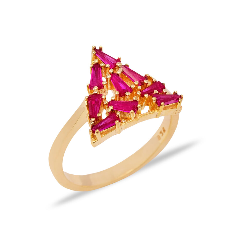 Ruby Baguette Stone Triangle Shape Women Ring Turkish Wholesale Handcrafted 925 Silver Jewelry