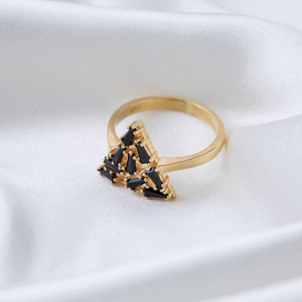 Black Zircon Stone Baguette Stone Triangle Shape Women Ring Turkish Wholesale Handcrafted 925 Silver Jewelry