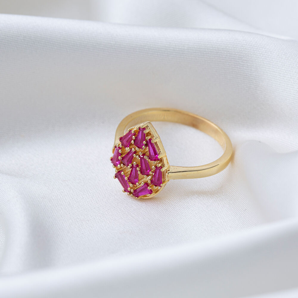 Drop Design Ruby Stone Baguette Stone Ring Turkish Wholesale Handcrafted 925 Silver Jewelry