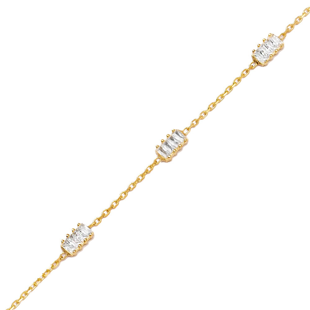 Rectangle Design Baguette Stone Charm Bracelet 925 Sterling Silver Jewelry