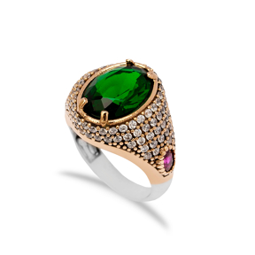 Oval Shape Emerald Stone Unisex Authentic Rings 925 Sterling Silver Jewelry