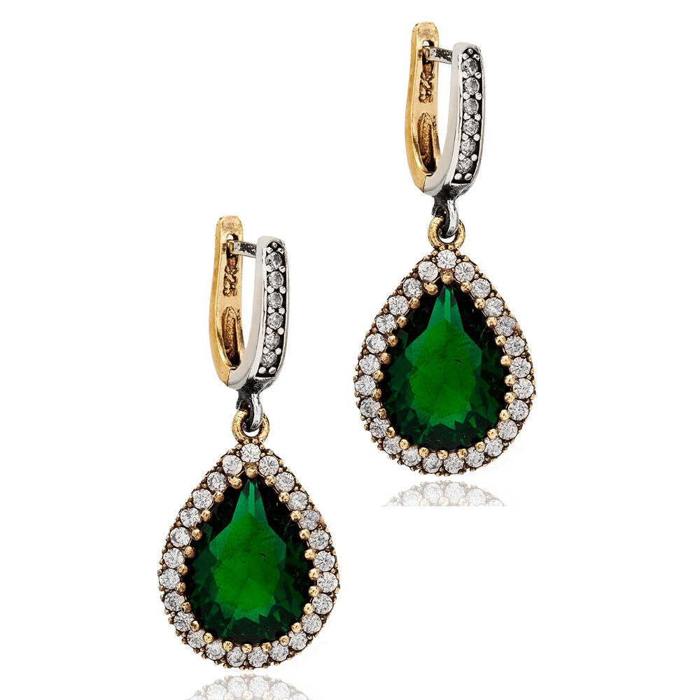 Emerald Stone Authentic Silver Earrings In Turkish Wholesale 925 Sterling Silver Jewelry