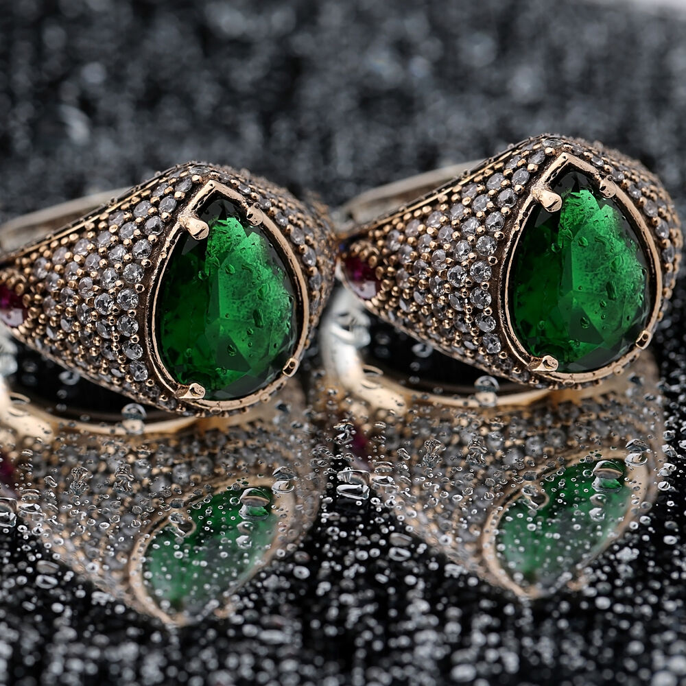 Pear Shape Emerald Stone Unisex Authentic Rings 925 Sterling Silver Jewelry