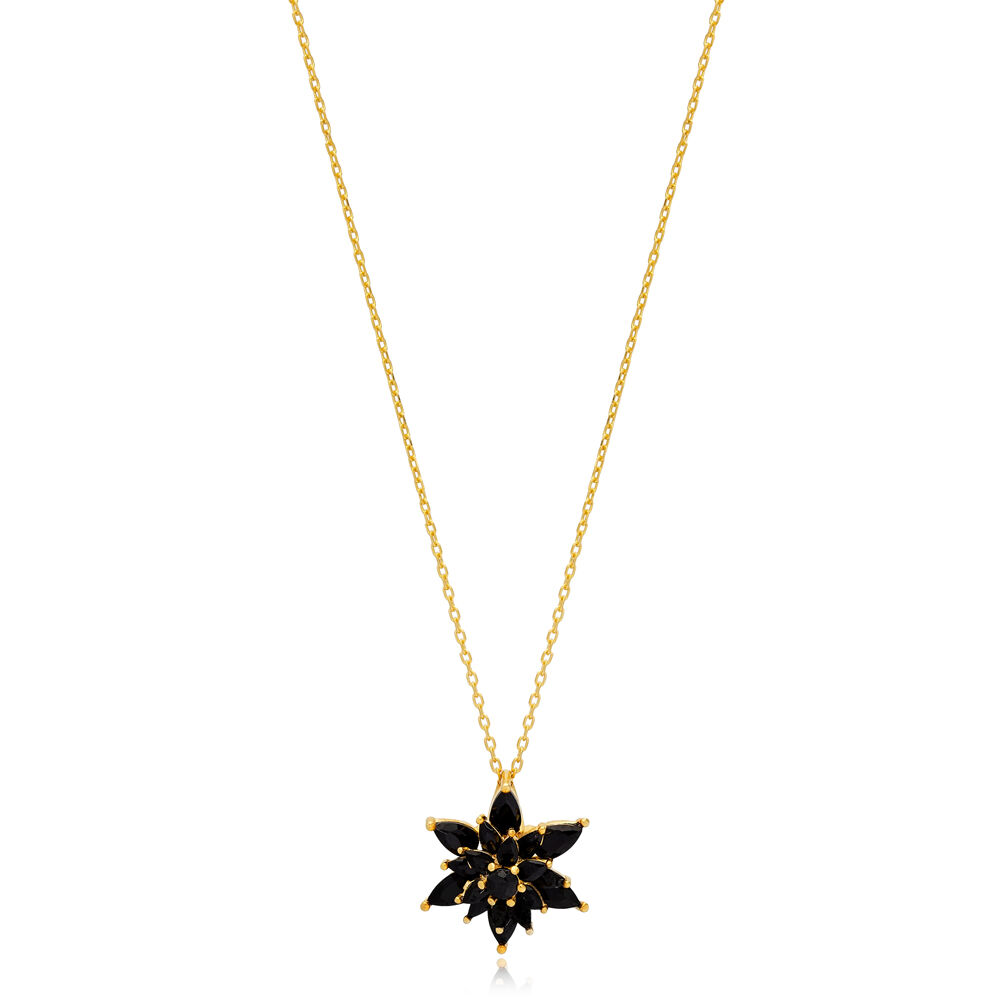 Black Zircon Stone Unique Flower Design Charm Pendant Necklace 925 Sterling Silver Jewelry