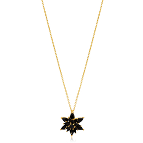 Black Zircon Stone Unique Flower Design Charm Pendant Necklace 925 Sterling Silver Jewelry