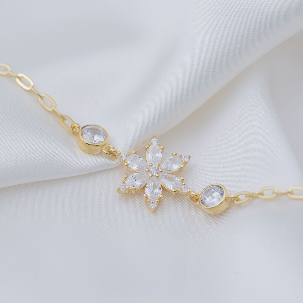 Marquise Cut Zircon Flower Charm Bracelet Silver Jewelry