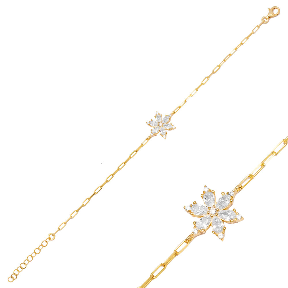 Flower Design Marquise Cut Zircon Stone Charm Bracelet 925 Sterling Silver Jewelry