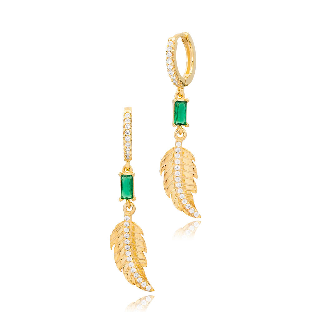 Emerald Stone Leaf Design Dangle Earring Turkish Wholesale 925 Sterling Silver Jewelry
