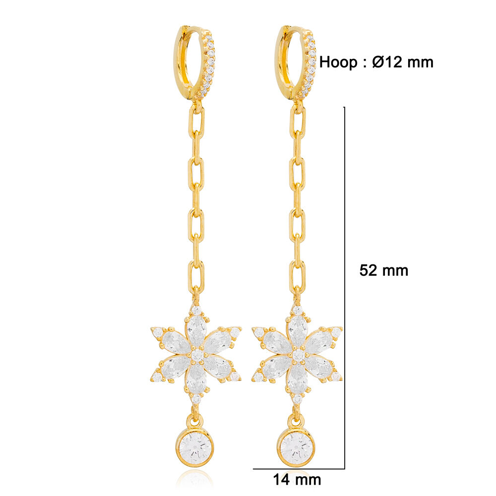 Unique Flower Design Clear Zircon Long Earrings Turkish Handcrafted Wholesale 925 Sterling Silver Jewellery