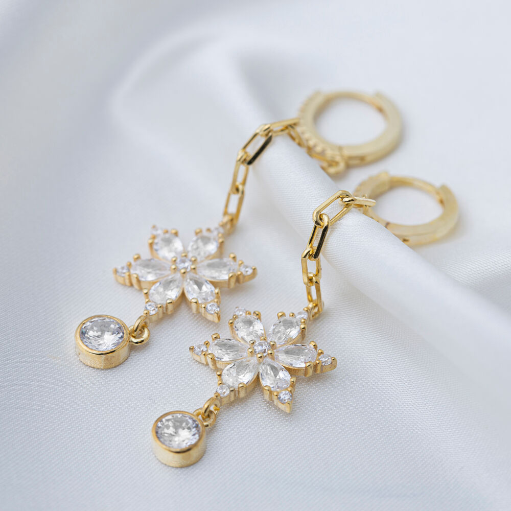 Unique Flower Design Clear Zircon Long Earrings Turkish Handcrafted Wholesale 925 Sterling Silver Jewellery