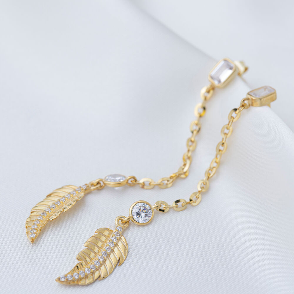 Leaf Design Baguette Cut Clear Zircon Long Chain Stud Earrings Turkish Wholesale 925 Sterling Silver Jewelry