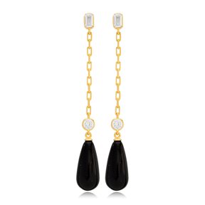 Trendy Black Pearl Stone Long Chain Stud Earrings For Women Turkish Wholesale 925 Sterling Silver Jewelry