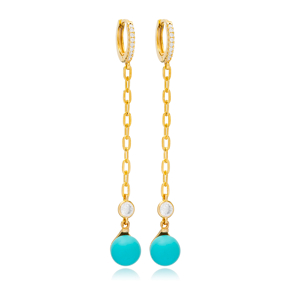 Turquoise Pearl Stone Unique Design Long Chain Earrings Turkish Wholesale 925 Sterling Silver Jewellery