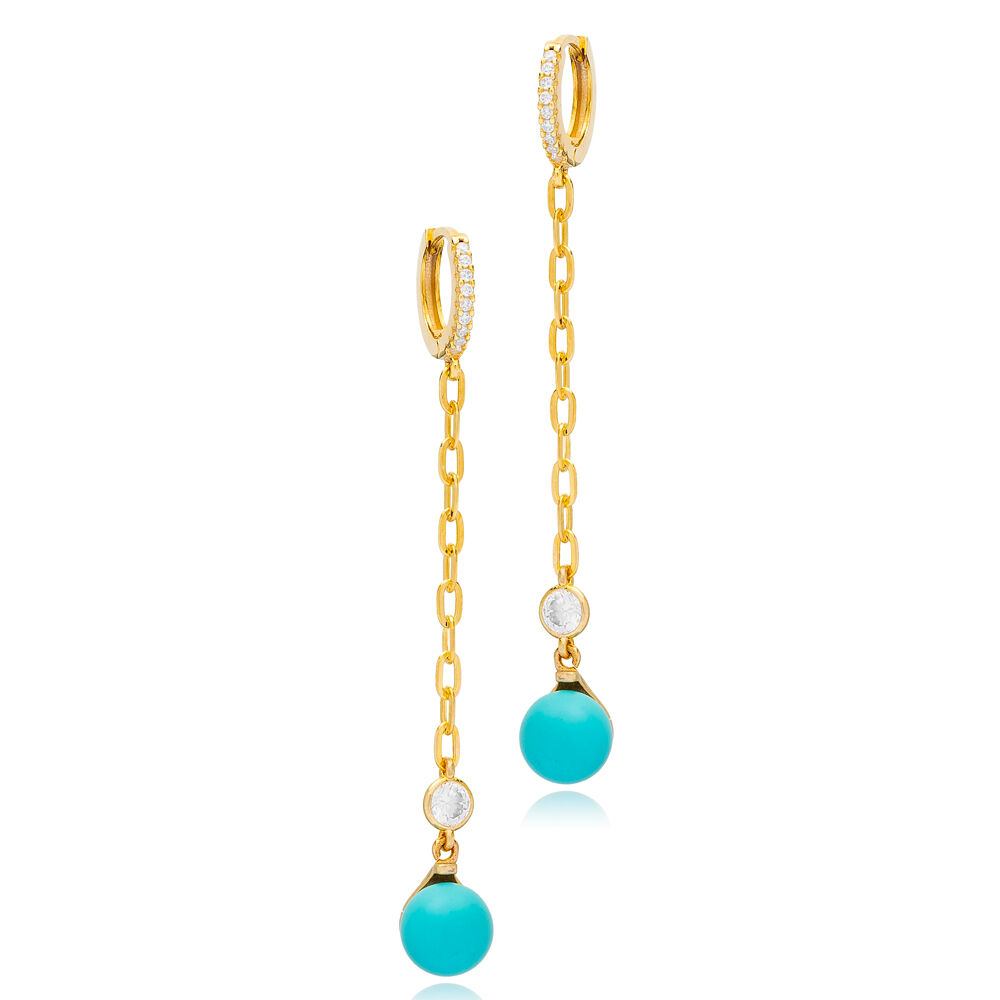 Turquoise Pearl Stone Unique Design Long Chain Earrings Turkish Wholesale 925 Sterling Silver Jewellery