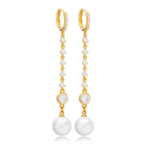 Dainty Pearl of Majorca Long Earrings For Women Turkish Handmade Wholesale 925 Sterling Silver Jewelry