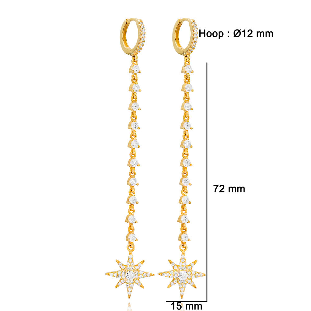 Stylish North Star Charm Long Chain Clear Zircon Stone Earrings Turkish Wholesale 925 Sterling Silver Jewelry