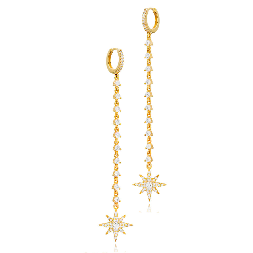 Stylish North Star Charm Long Chain Clear Zircon Stone Earrings Turkish Wholesale 925 Sterling Silver Jewelry