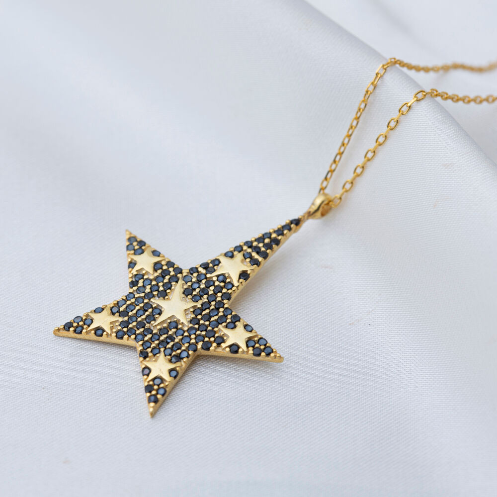 Black Zircon Star Shape Charm Necklace Turkish Handcrafted Wholesale 925 Sterling Silver Jewelry