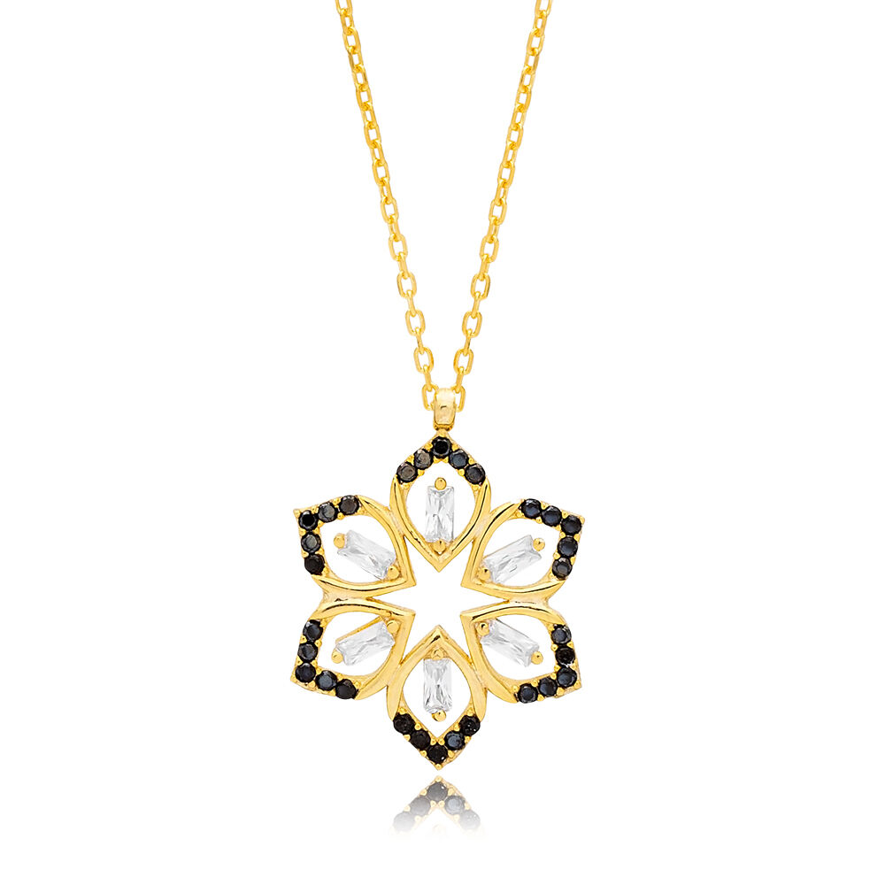 Black Zircon and Clear Stone Flower Design Charm Necklace Turkish Handcrafted Wholesale 925 Sterling Silver Jewelry