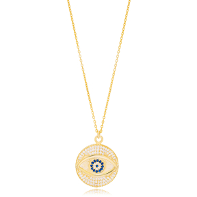 Round Shape Evil Eye Design Charm Necklace Turkish Handcrafted Wholesale 925 Sterling Silver Jewelry