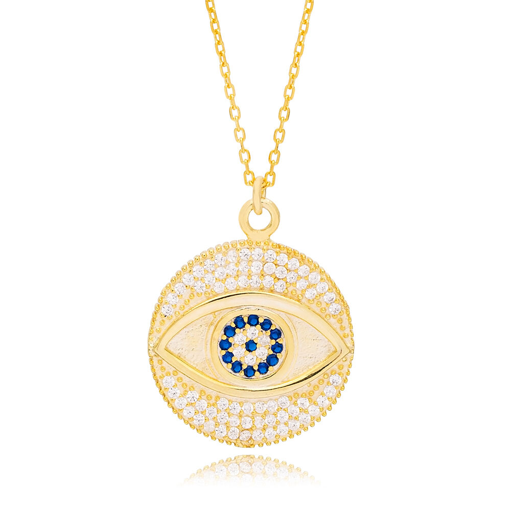 Round Shape Evil Eye Design Charm Necklace Turkish Handcrafted Wholesale 925 Sterling Silver Jewelry