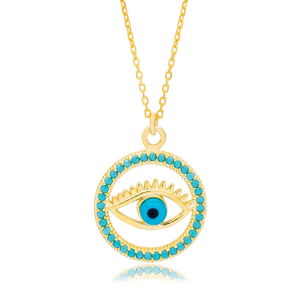 Turquoise Stone Round Shape Evil Eye Bead Charm Necklace Turkish Wholesale 925 Sterling Silver Jewelry