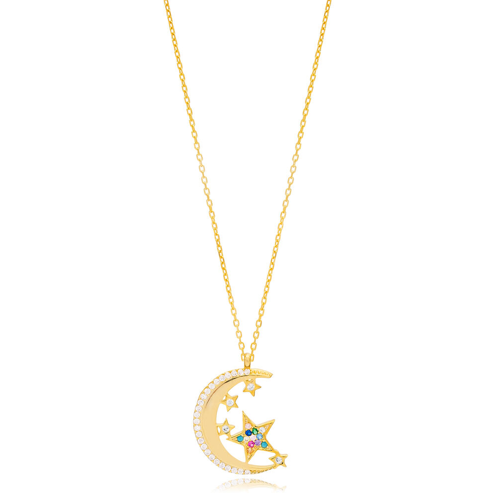 Cute Mix Zircon Moon and Star Design Charm Necklace Pendant Wholesale 925 Sterling Silver Jewelry