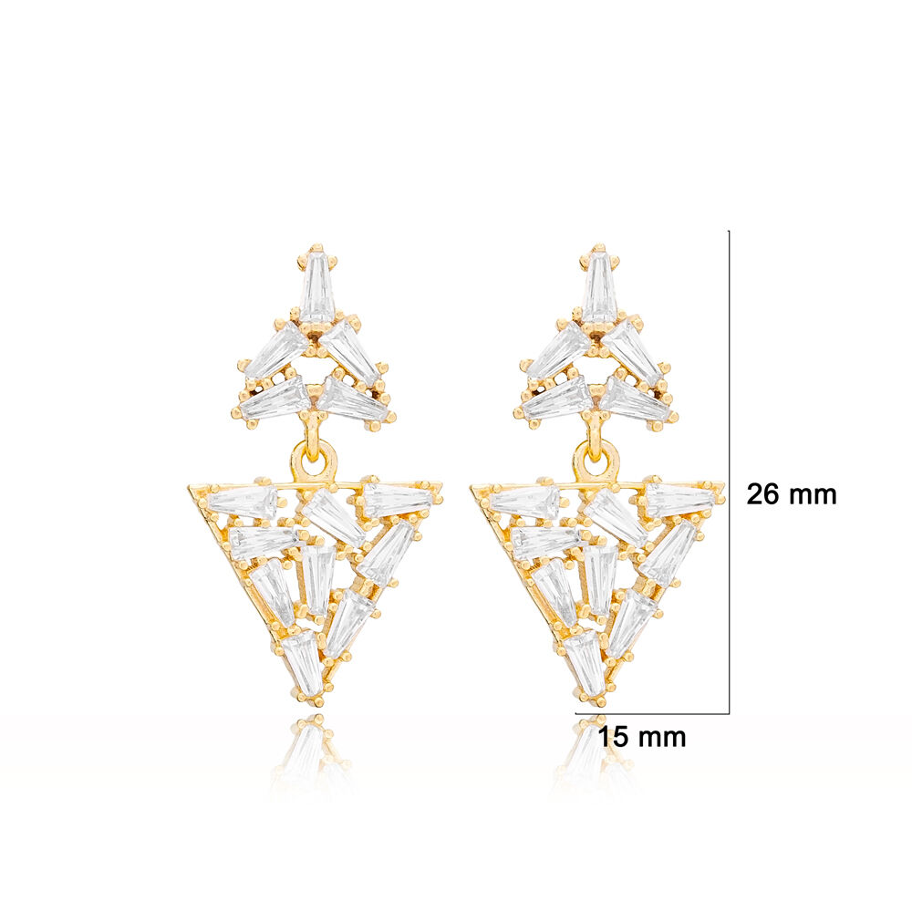 Trendy Dangle Baguette Style Zircon Stone Geometric Stud Earrings Turkish Wholesale Sterling Silver Jewelry