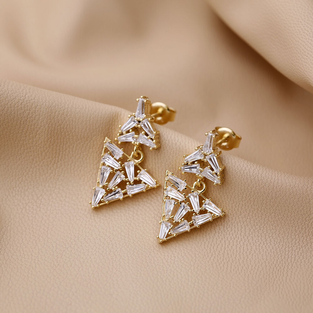 Trendy Dangle Baguette Style Shiny Zircon Stone Geometric Stud Earrings Turkish Wholesale Sterling Silver Jewelry