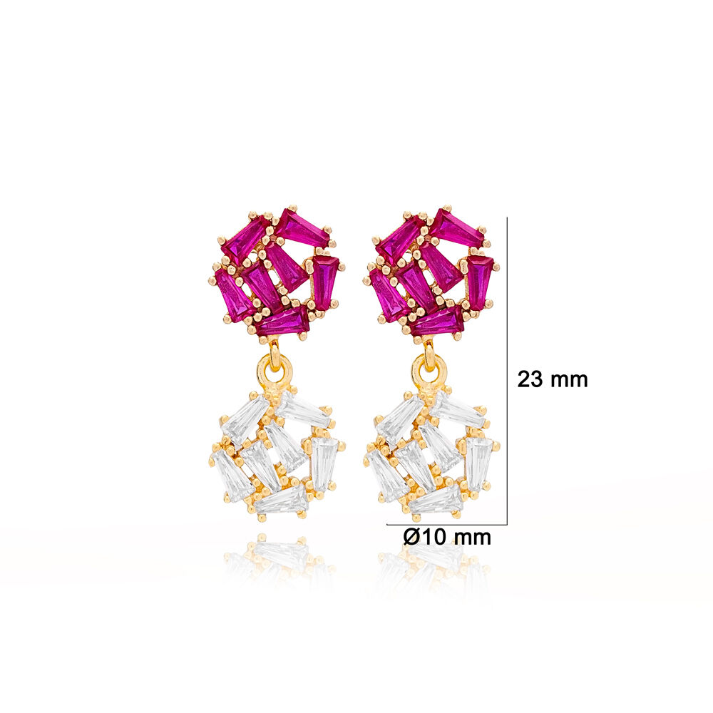 Round Design Ruby with Zircon Baguette Stone Woman Earrings Turkish Handcrafted 925 Sterling Silver Jewelry
