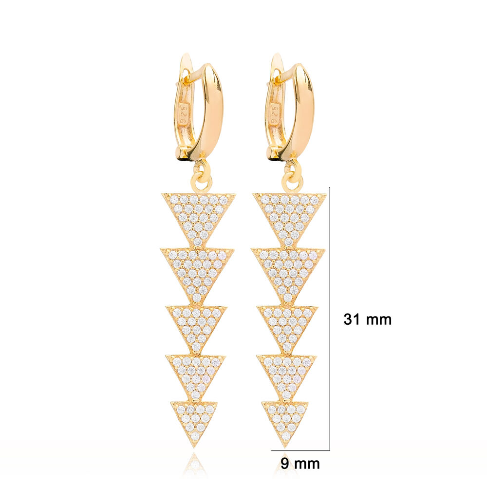 Geometric Triangle Shape Dangle Clip On Long Earrings Turkish Wholesale Handmade Sterling Silver Jewelry